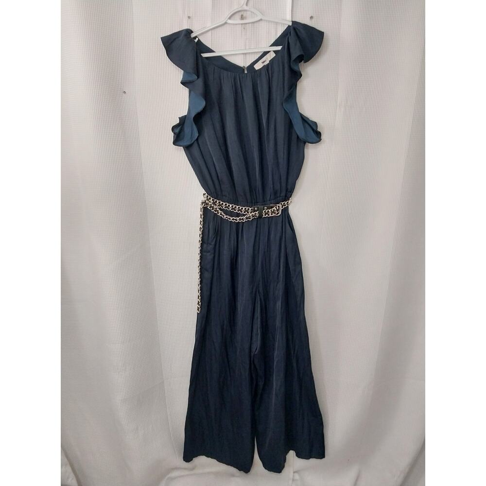 LOFT Navy Ruffle-Sleeve Wide-Leg Jumpsuit - Picture 3 of 11